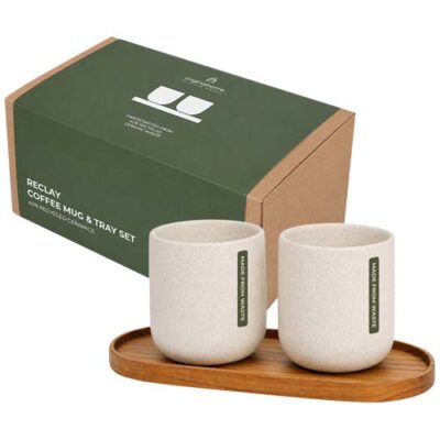 Originalhome ovales Holztablett und 150 ml Keramiktassen Set